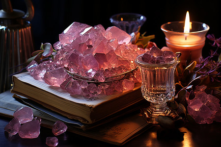 桌面上的粉红色水晶和蜡烛高清图片
