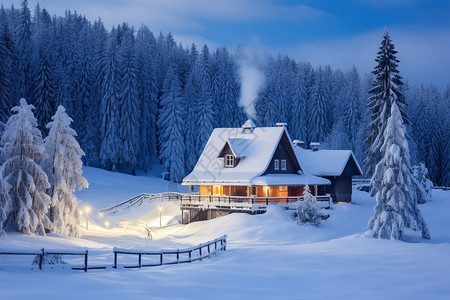 冬季森林小屋的美丽景观图片