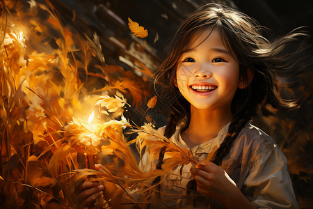 秋天稻田中的小女孩高清图片
