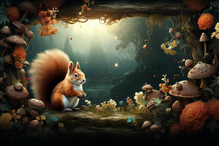 梦幻森林中的小松鼠背景图片