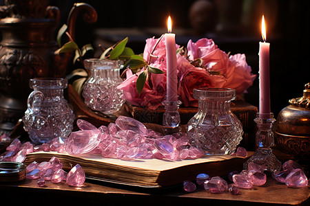 木桌上的粉红色水晶簇图片