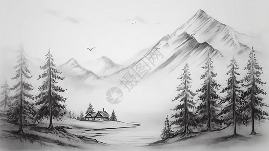 山树黑白素描图片