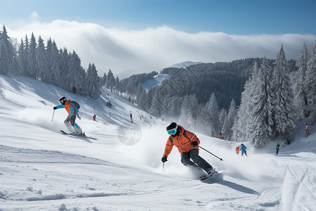 雪山松树冬季的滑雪运动背景
