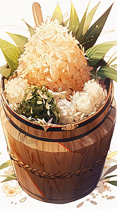 木桶里的米饭插画图片