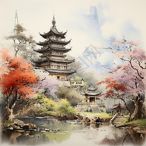 中国风建筑的手绘图片