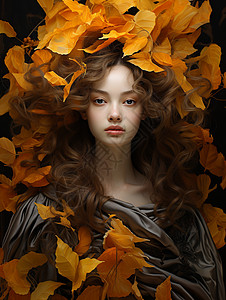 秋天落叶下的女人背景图片