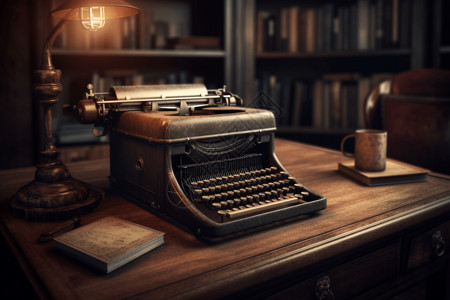 老式书柜木桌上的老式打字机设计图片