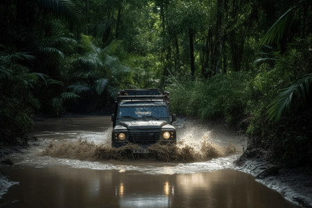 雨林行驶的越野车图片