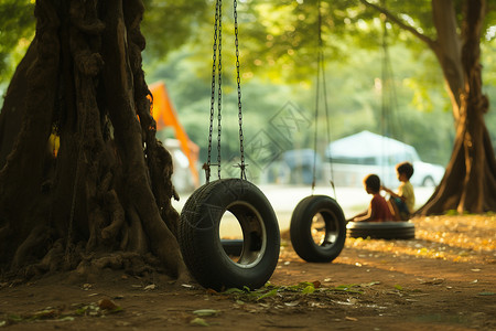树木下安装的游玩轮胎背景图片