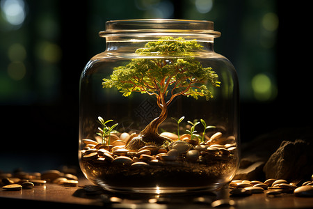 大漠里小树透明瓶子里的植物设计图片