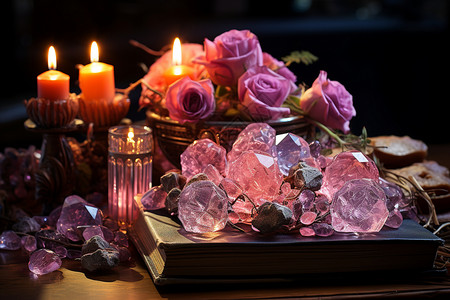 石头烛台迷人的粉红水晶古典优雅烛台背景