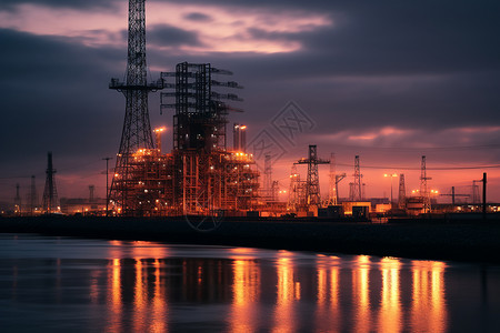 夜晚的石油工厂图片