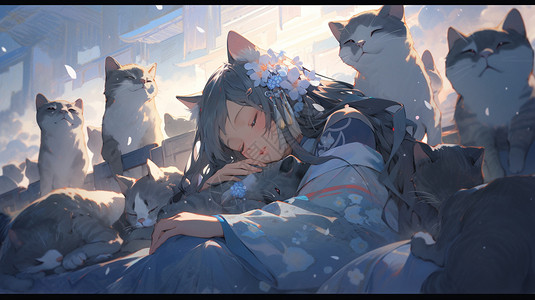 人抱猫抱着猫睡觉的女孩插画