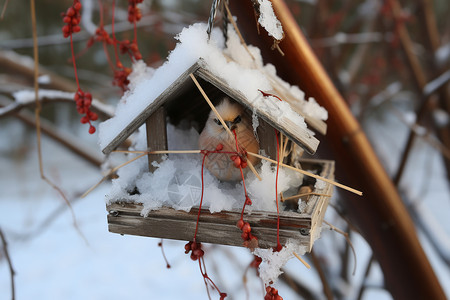 冬季鸟巢雪天的小鸟躲在鸟窝里背景