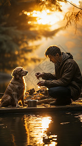 喂狗狗男人给狗喂食背景