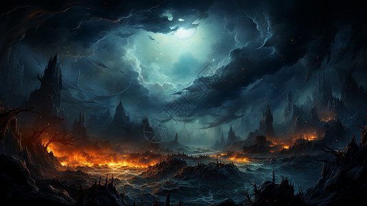 乌云天空下着火的城市背景图片