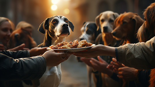 人们喂狗零食背景图片