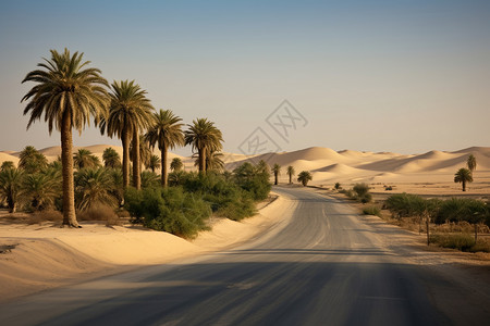 沙漠中的棕榈树公路背景图片