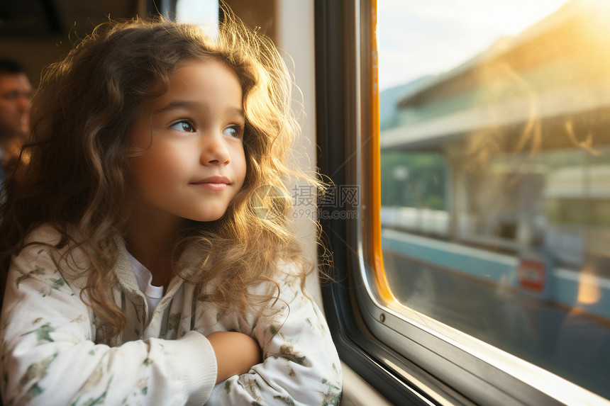 坐火车出行的美丽小女孩图片