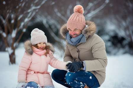 冬日快乐玩雪的父女图片