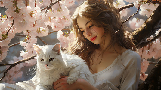 猫和樱花树下的猫和女孩插画
