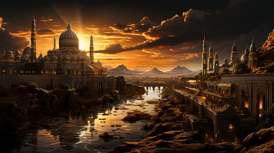 世界第三清真寺庄严壮观的城堡插画