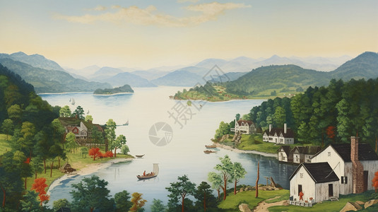 美丽的山中湖泊插画背景图片