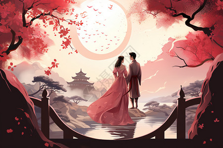 中式古典海报传统中式情人节插画