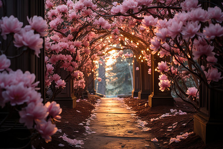 探索加州红杉森林中光线的迷人魅力，在那里，廷德尔效应为装饰着迷人花朵的风景增添了一丝神秘感。背景图片