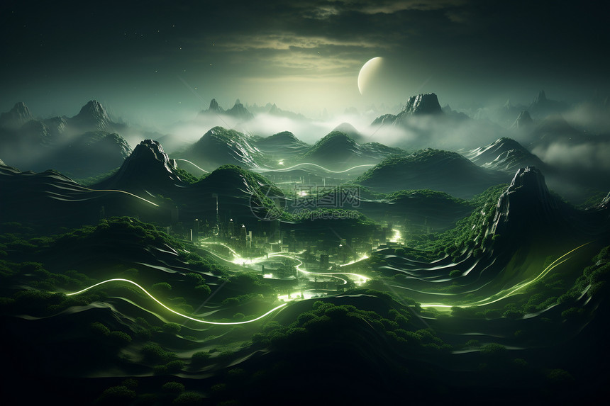 抽象的绿色波浪与3D景观图片