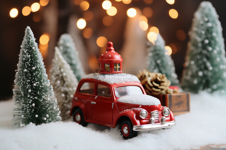 圣诞树与红色玩具车图片