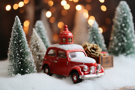 迷你圣诞树圣诞树与红色玩具车背景