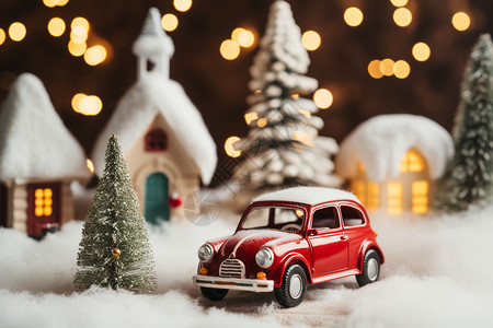 小汽车停在圣诞树下背景图片