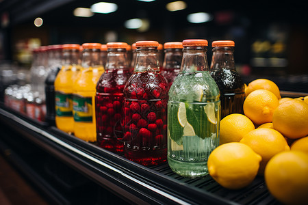 超市货架瓶装果汁图片