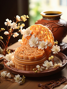 鲜花洒落在蛋黄月饼上背景图片