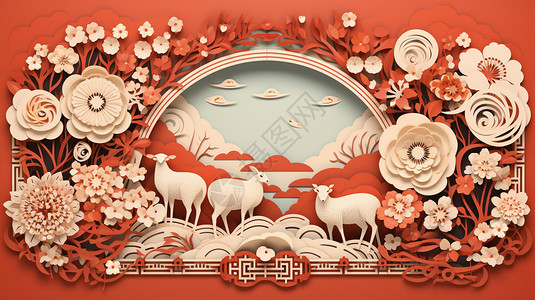 喜庆的小鹿花卉剪纸背景背景图片