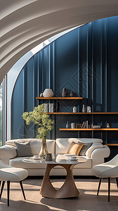轻奢简约蓝色墙壁的奢华客厅装潢背景