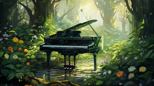 夏季树林中的钢琴背景图片