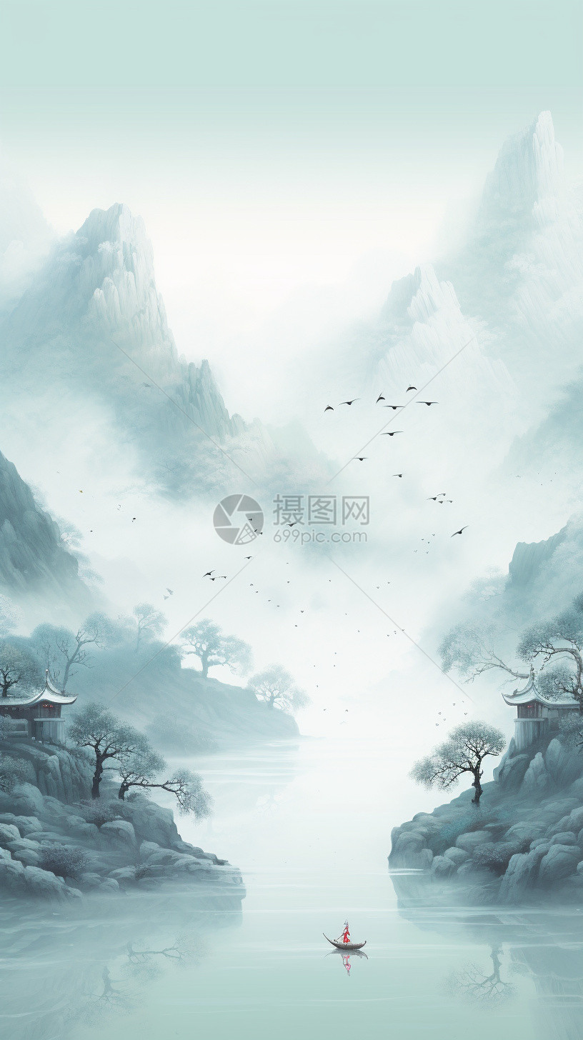 中式古风风景的水墨画图片