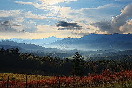 山间迷雾日出时迷雾笼罩的山间景观背景