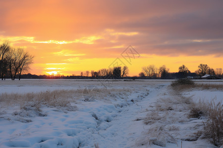 白雪覆盖的乡村田野景观图片