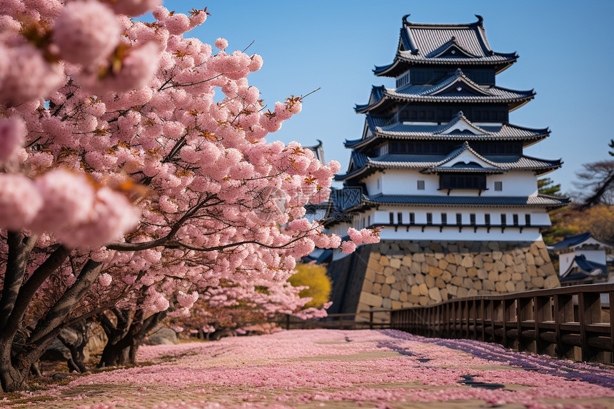 日式传统建筑旁的樱花图片