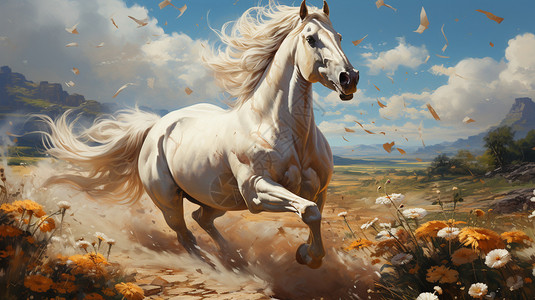 草原的白马绘画背景图片