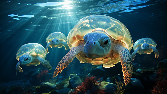 海底透明龟壳的乌龟背景图片