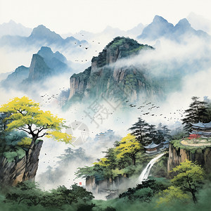 云雾缭绕的山林艺术插画图片
