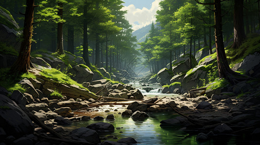 绿色森林河流景观插图图片