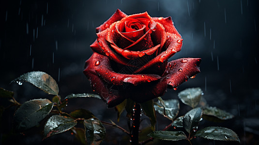 下雨天的红色玫瑰图片