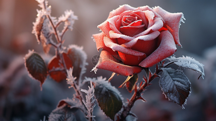 户外霜冻的红玫瑰图片