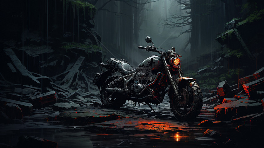 黑暗森林中的越野摩托车图片