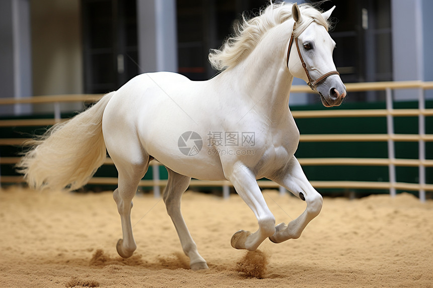 农场马厂中白色鬓毛的马匹图片